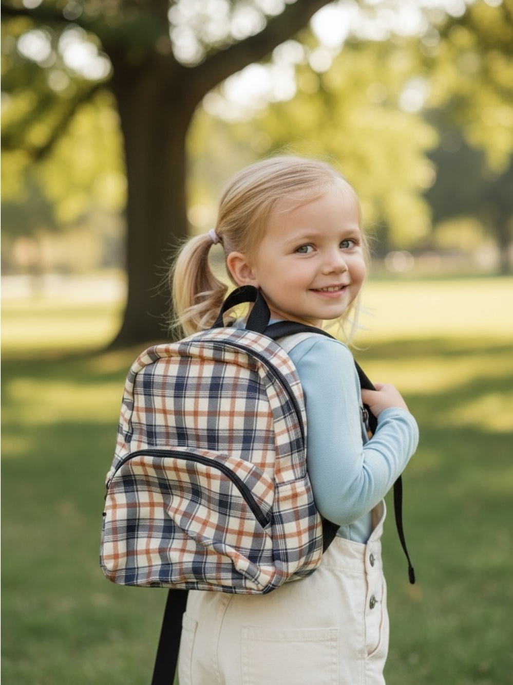 Kids Toddler Plaid Mini Backpack Tan Navy Cream Bookbag